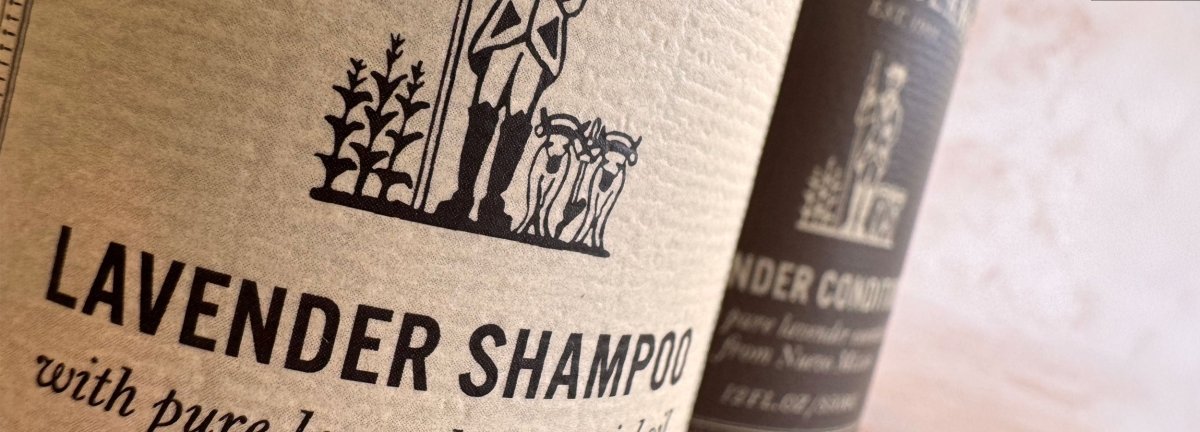 lavender products in a shower with water splashing