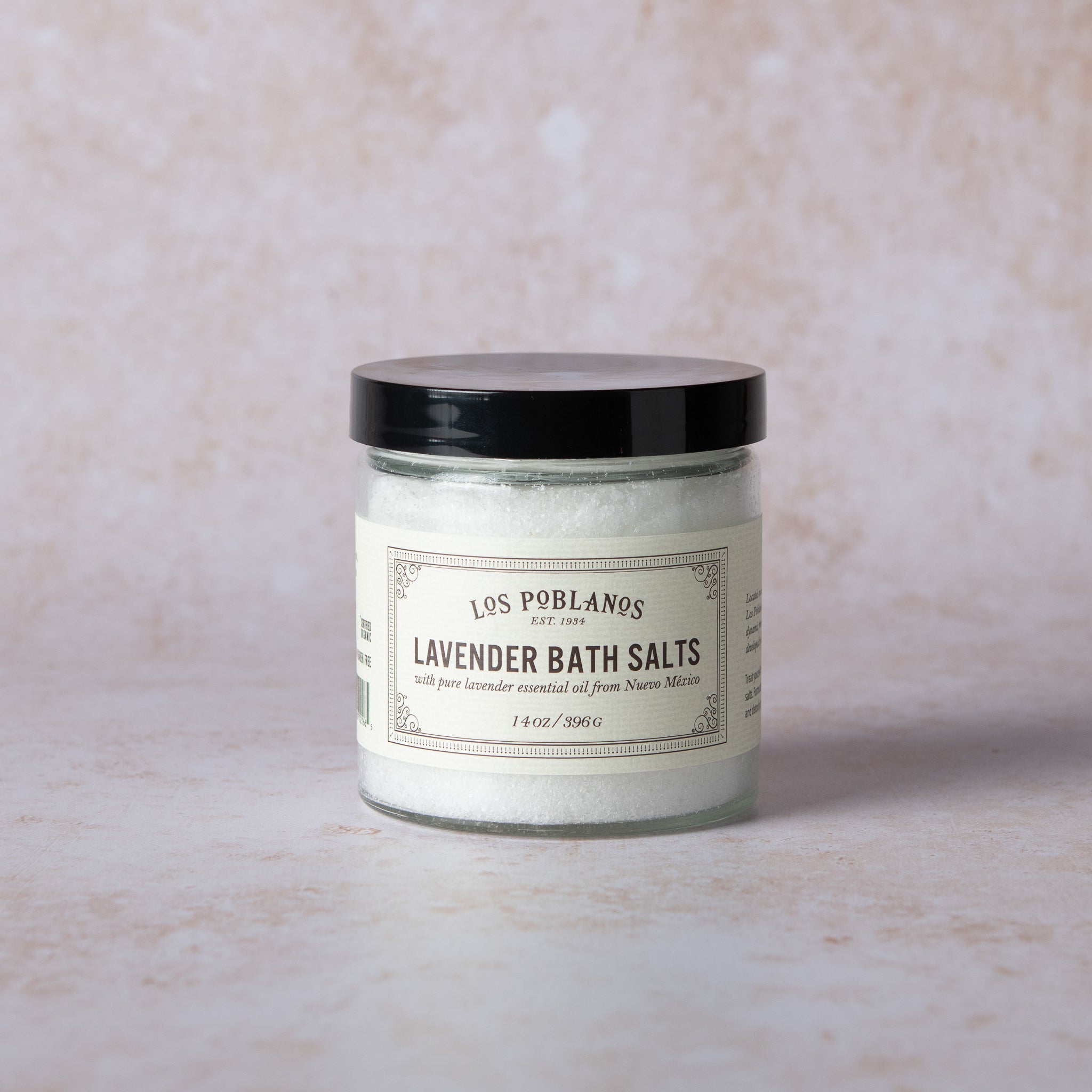 Los Poblanos bath salts for soaking: three natural salts + essential lavender oil, presented in a simple apothecary-style 14 oz jar