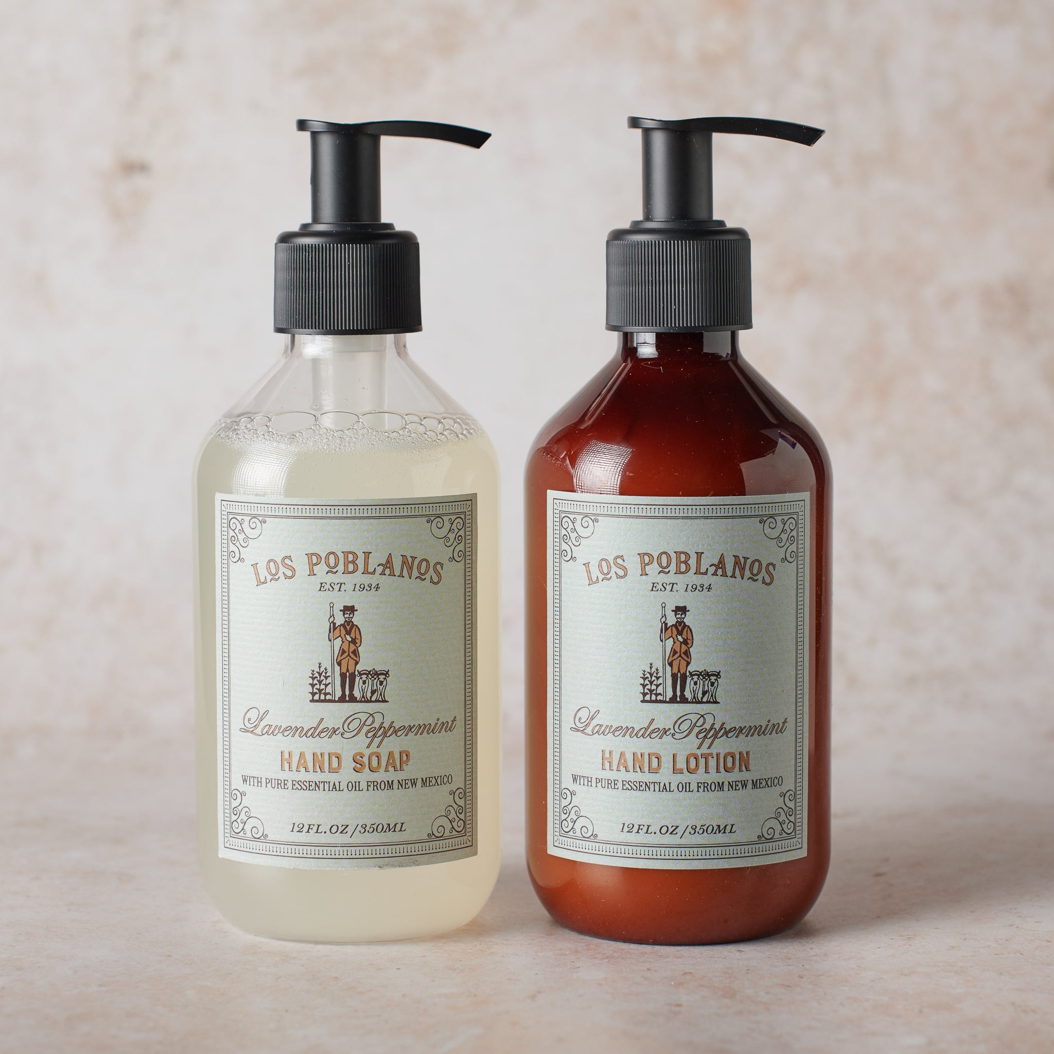 Two pump bottles, one labeled Lavender Peppermint Hand Soap and the other Lavender Peppermint Hand Lotion, against a neutral background.