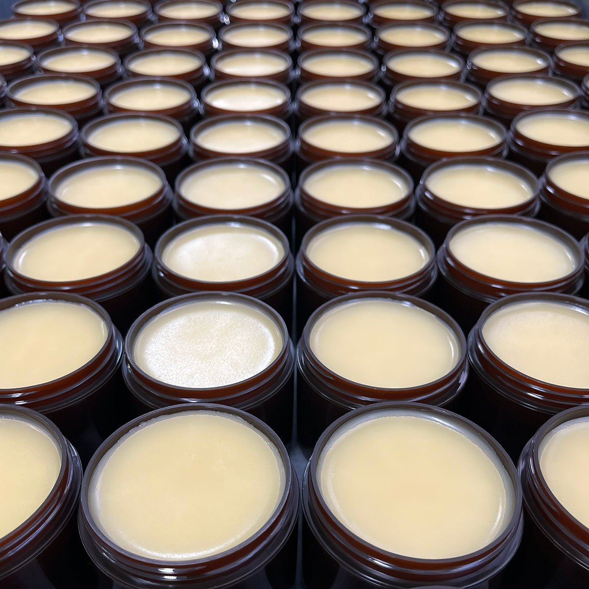 Multiple small containers filled with a beige substance arranged in rows.
