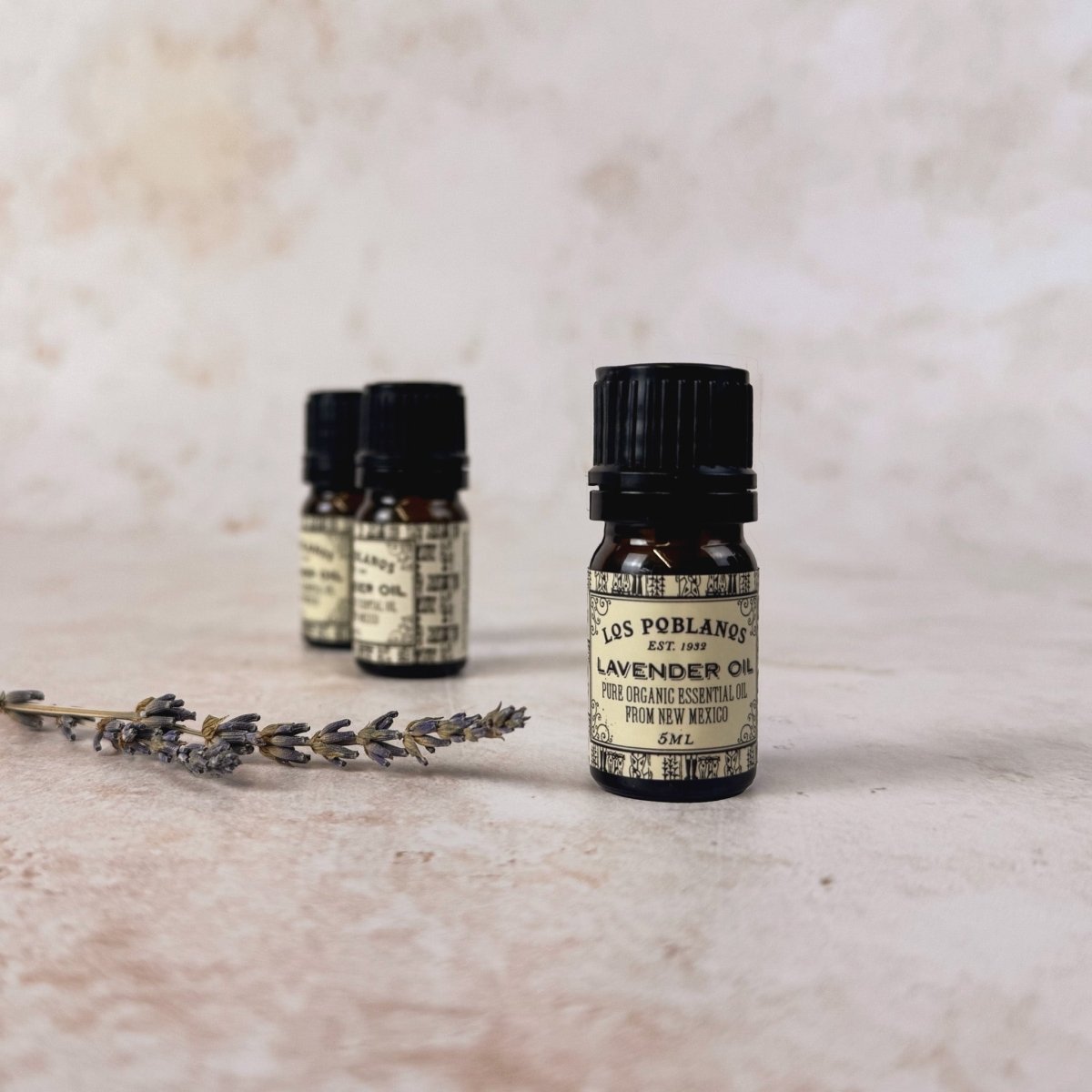 Three bottles of Los Poblanos lavender oil on a textured surface with a branch of lavender.