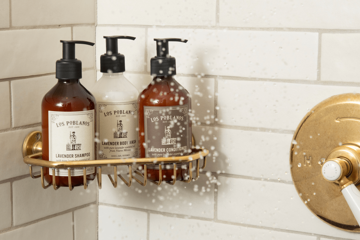 lavender products in a shower with water splashing