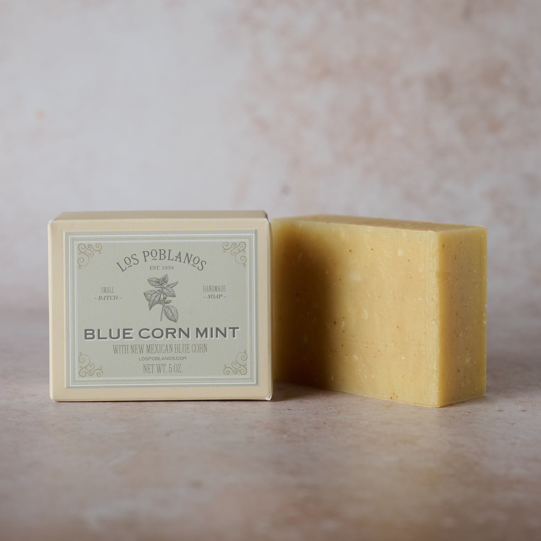 Handmade exfoliating soap bar infused with New Mexican Zuni blue-corn meal and scented with lemongrass, rosemary & peppermint — Los Poblanos Blue Corn Mint.