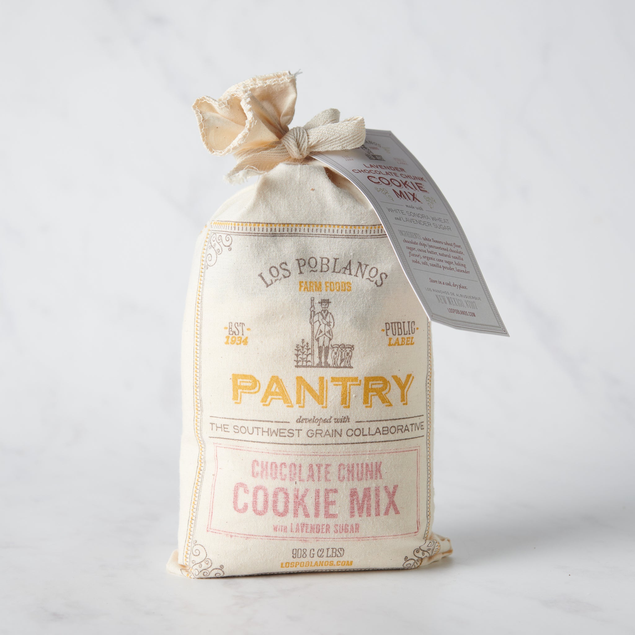 A bag of Los Poblanos Chocolate Chunk Cookie Mix with Lavender Sugar, milled and packaged in New Mexico, displayed on a light background.