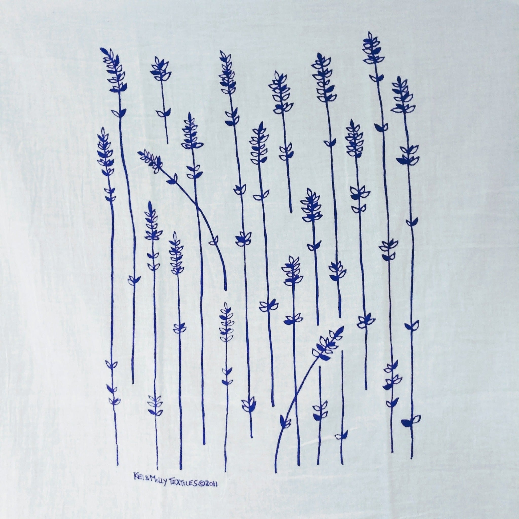 White cotton dish towel printed with tall lavender sprigs in a simple repeating pattern | Kei & Molly Lavender Sprigs Dish Towel